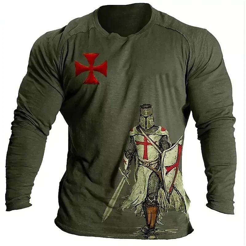

Templar Knight Pattern T Shirt For Men Retro 3D Printed Tees Summer Casual Long Sleeves Loose T-Shirts Street Round Neck Tops 6XL