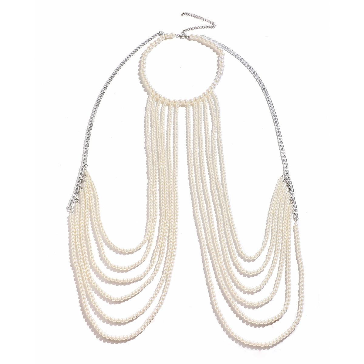 

KunJoe Multi Layers Imitation Pearl Beads Long Tassel Necklace Body Chain for Men Punk Chest Shoulder Chain Festival Jewelry