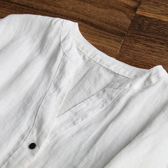 Damen-Baumwollhemd, Sommer, lockeres V-Ausschnitt-Kurzarm-Blusenoberteil