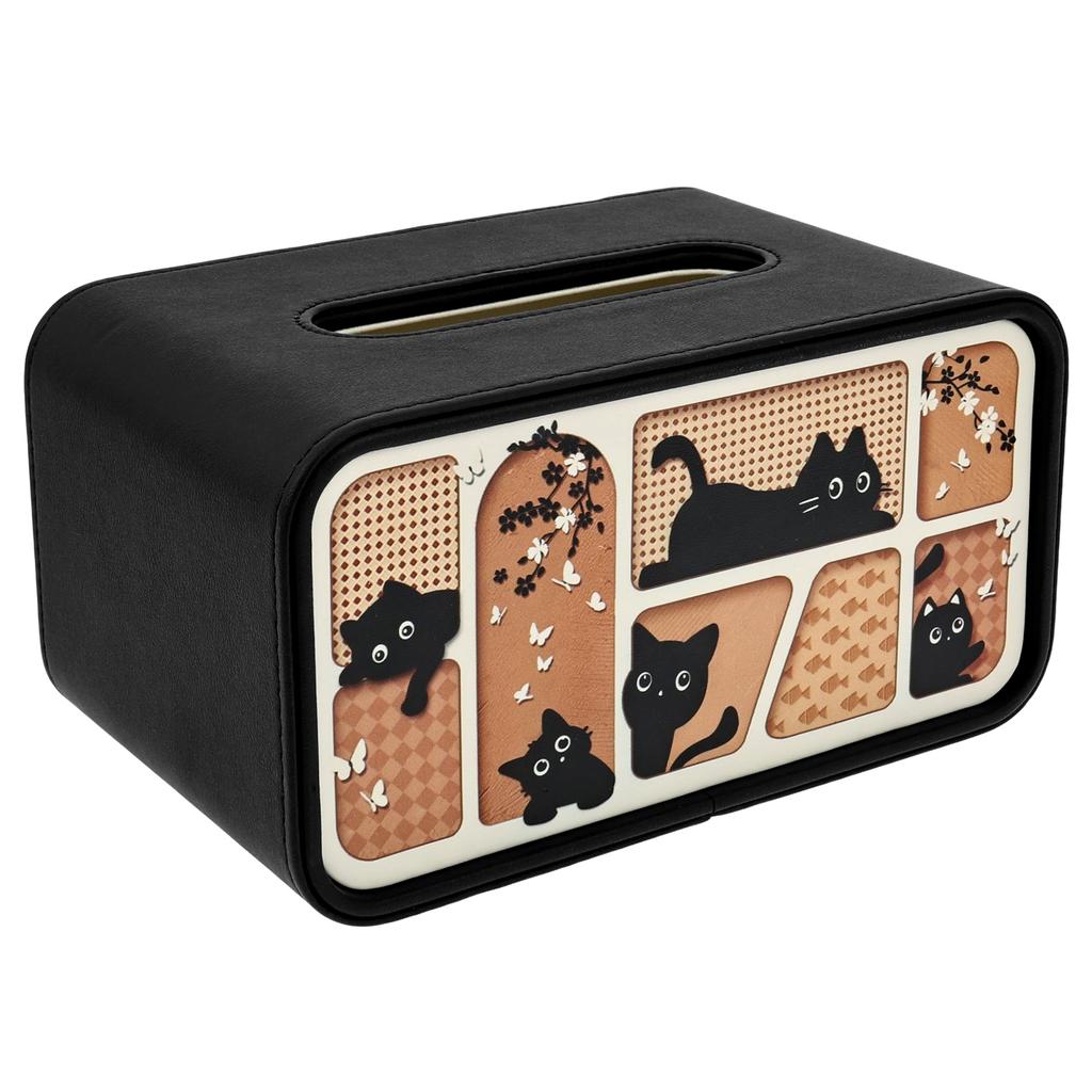 Tissue Box Cover Cat Themed Rectangular Paper Tissue Holder PU Leather Waterproof Paper Tissue Dispenser for Office Home Car