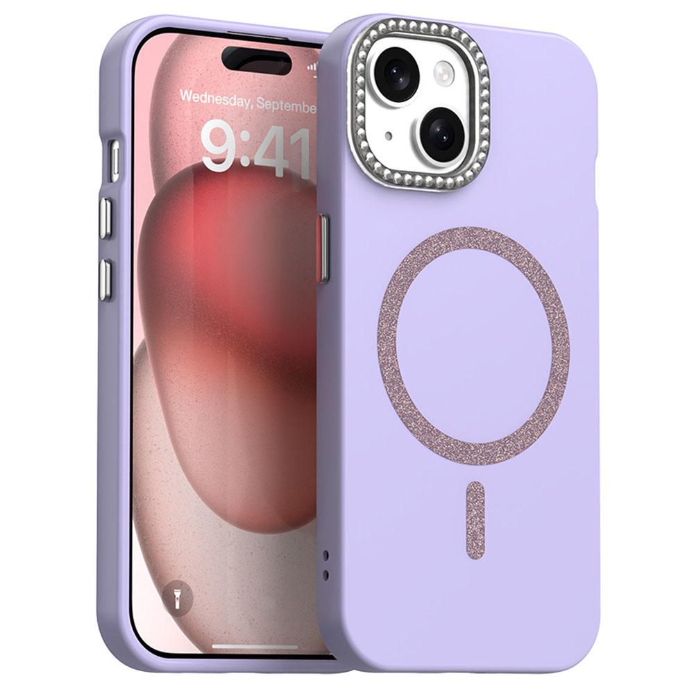For iPhone 15 Case Compatible with MagSafe TPU+PET Phone Cover with Rhinestone Decor Lens Frame