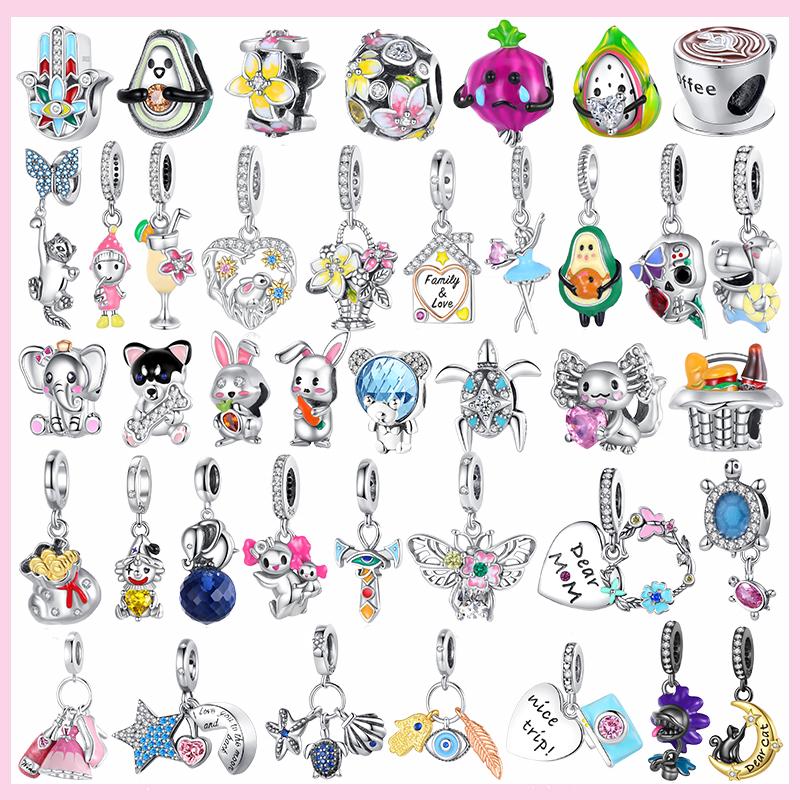 

Charm Plata de Ley Серебряный цветок Сердце Ангел Кролик Бусины Череп Брелоки для браслетов Подвеска Ювелирные изделия