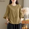 Women Casual Round Neck Solid Color 3/4 Sleeve Blouse