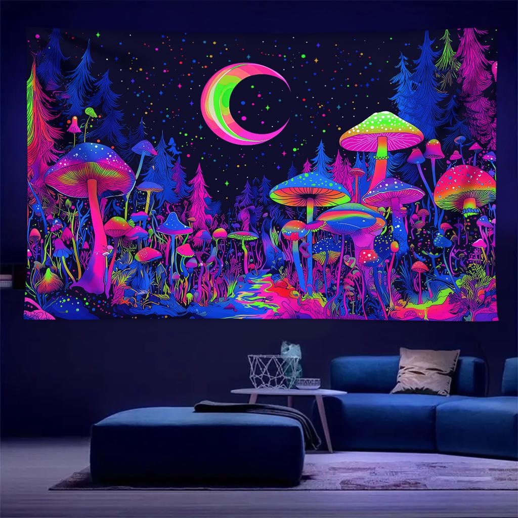 1pc Fluorescent Mushroom Moon Tapestry, UV Black Light Forest Fantasy Plant Space Tapestry, Home Decoration Wall Hanging