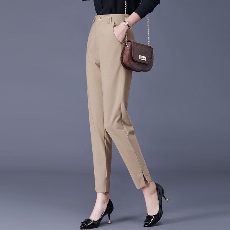 Women's High-Waisted Slim Khaki Pants - Plus Size, Straight Fit, Casual for Spring & Autumn, Middle-Aged