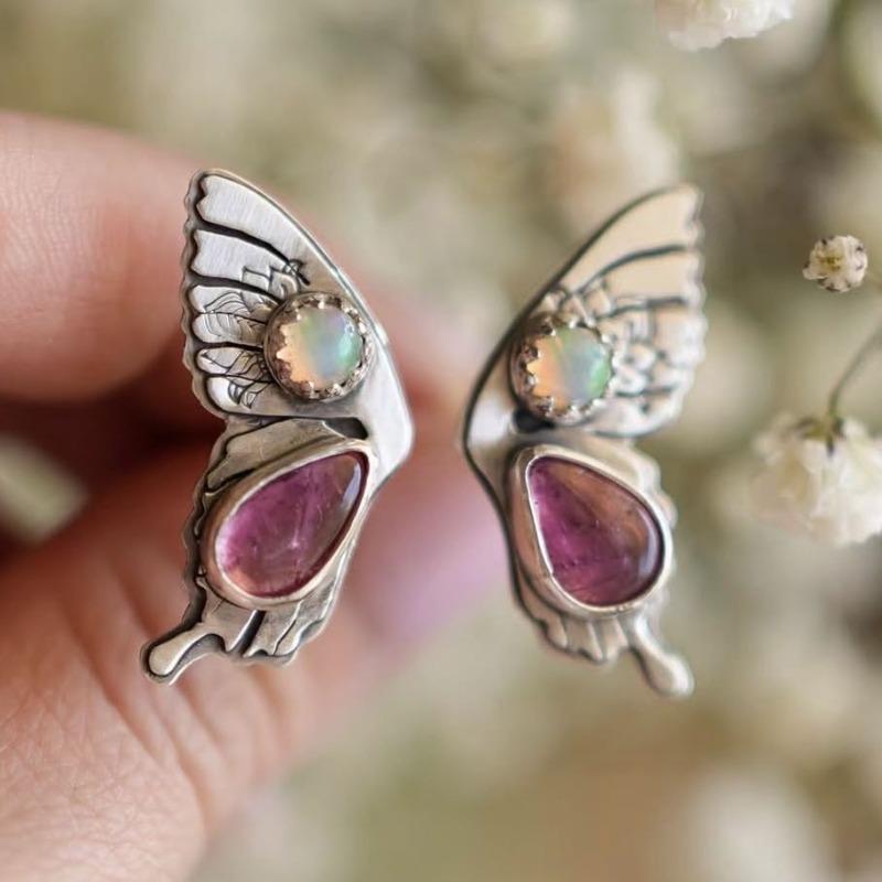 Vintage Silver Color Flower Butterfly Rings for Women Trendy Round Inlaid with Red Stone Adjustable Party Rings Jewelry