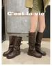 Height increase of 6cm~ 2025 Spring and Autumn new fashionable belt buckle square round head pleated medium tube knight boots women's autumn