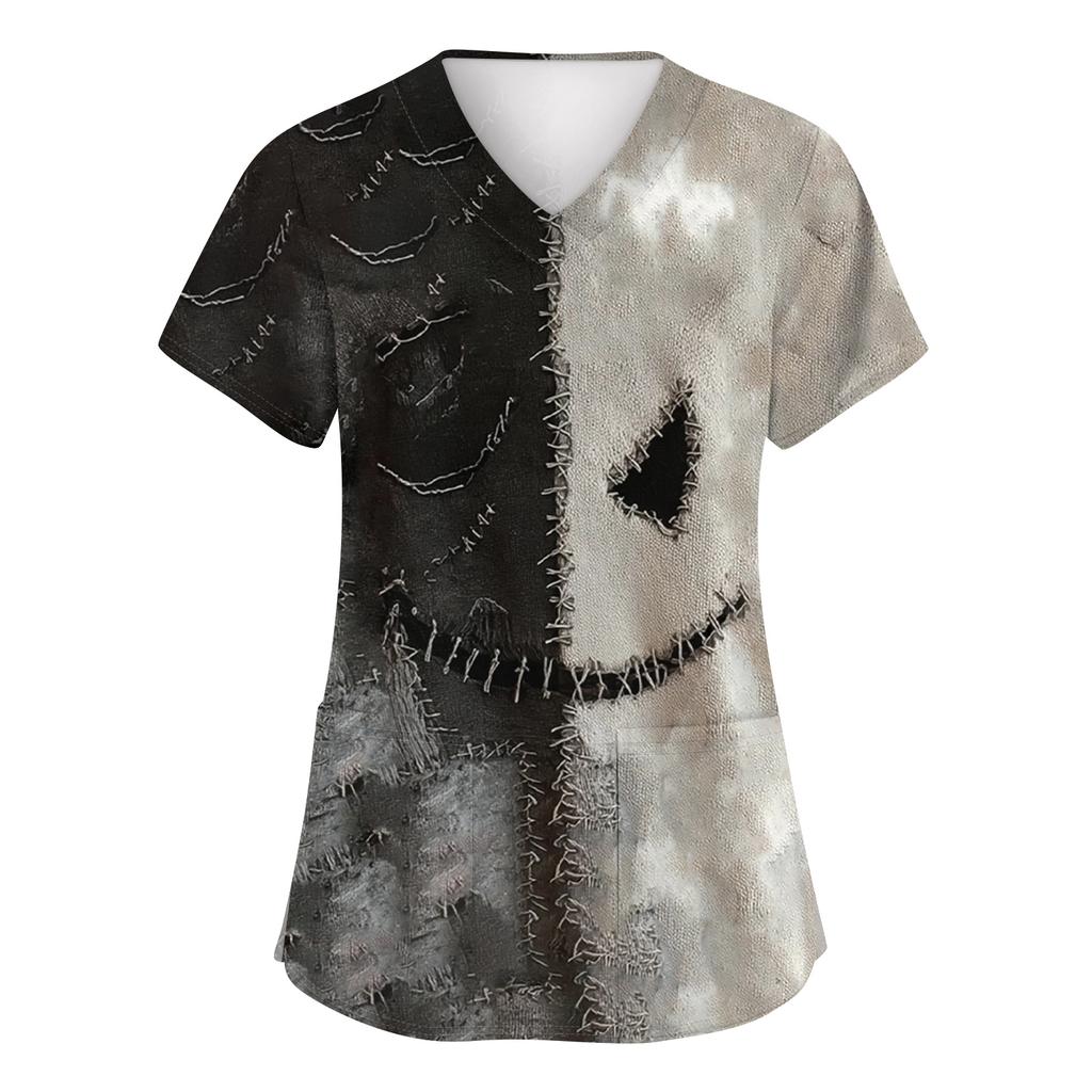 Women's Fashion Short Sleeve Halloween Print V-Neck Pocket Workwear Tops