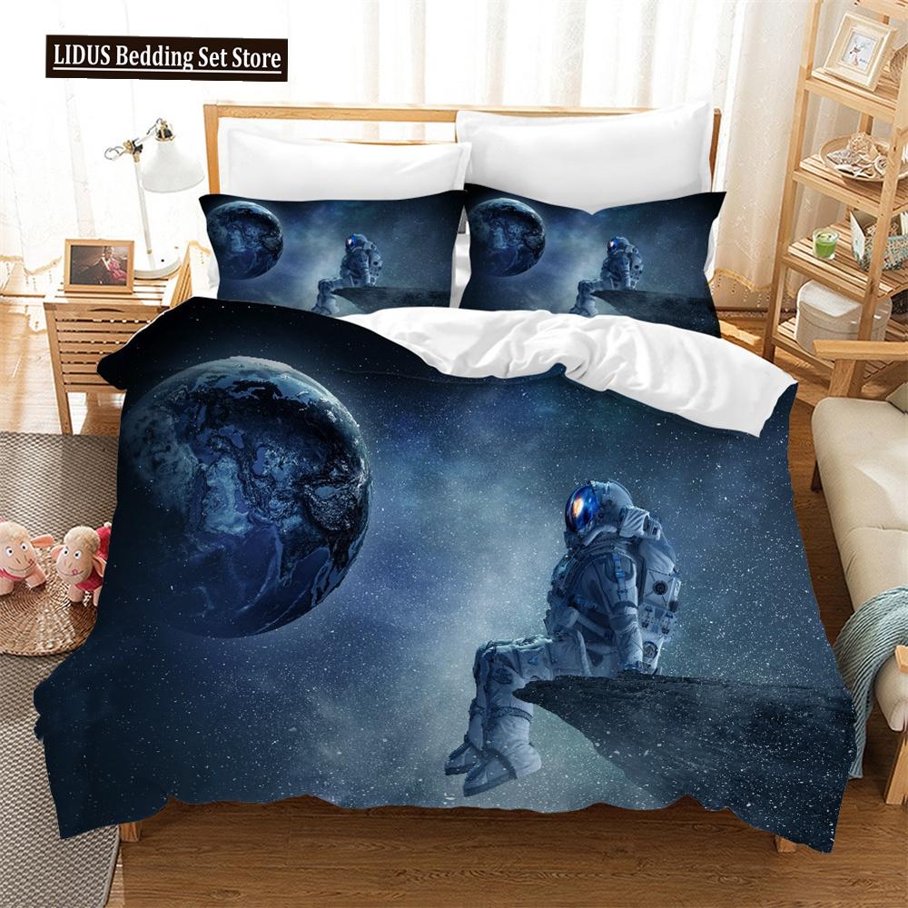 3D Astronaut Duvet Cover Set Galaxy Star Bedding Set Polyester Comforter Cover Girl Kid Bedroom Decor King Size With Pillowcase