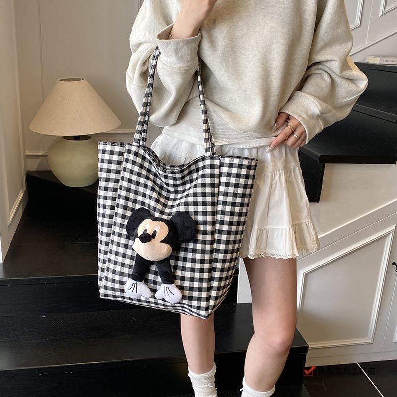 New striped large-capacity canvas bag women's cute fashion plaid single shoulder cartoon commuting lazy wind tote bag