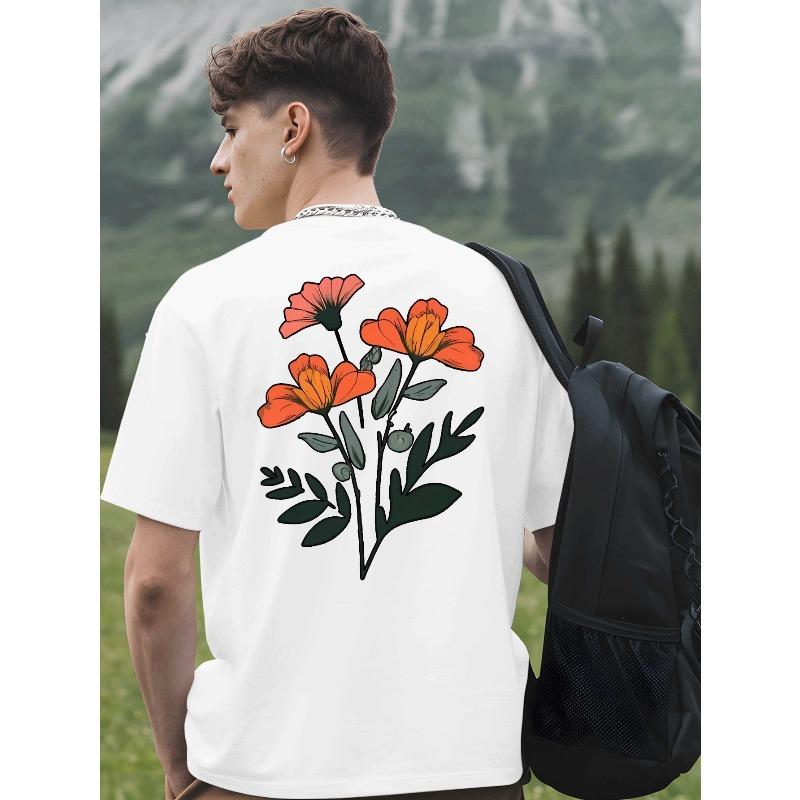 

Men S T-Shirt Featuring a Cluster of Orange Flowers,Suitable for Basketball Practice. It Is a Crewneck,Short-Sleeved Top for Trendy Streetwear And Gym S белый