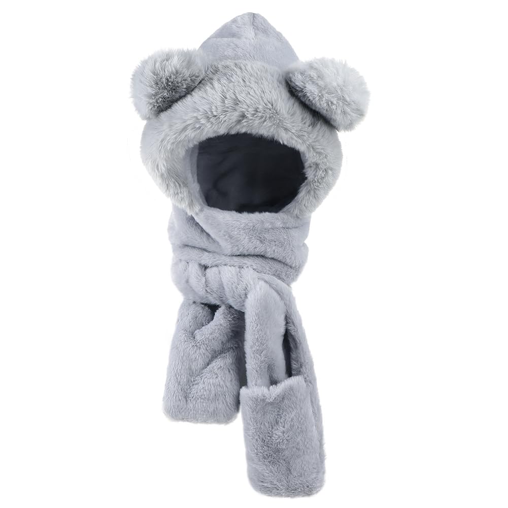 LONTG Winter Hat with Bear and Cute Faux Fur Hat with Fluffy Fur and Thick Furry Boa Animal Hat for Girls and Perfect for Fall and Gray Kids' Ears,