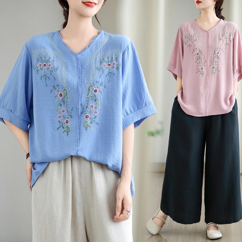 Dimanaf 2025 Summer Plus Size T-Shirt Floral Women Short Sleeve V-Neck Short Loose Tops Tees