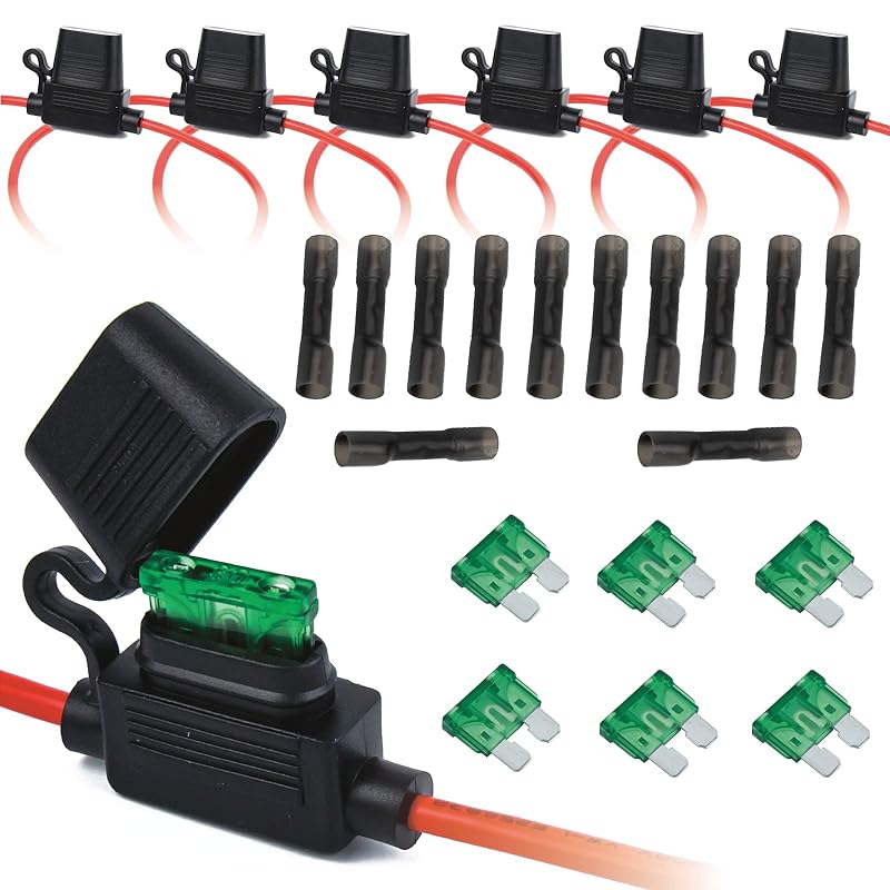 VANSIHO 18AWG Inline Fuse Holder Kits-6 Pack 18 Guage Awg With 6Pcs 3A Blade Mini Fuse/12Pcs 3:1 Heat Shrink Butt Connectors