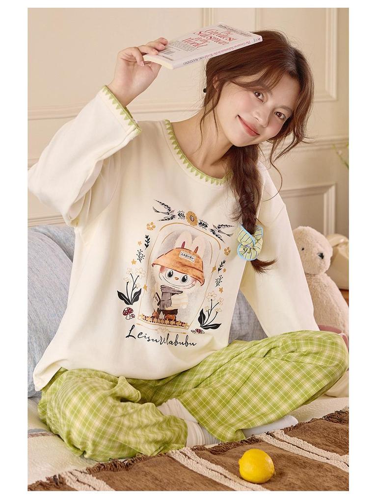 Piżama damska z długim rękawem i nadrukiem w kreskówkowe wzory, z wkładką na klatkę piersiową – uroczy komplet z okrągłym dekoltem do noszenia w domu lub na okrycia wierzchnie wiosną, jesienią i zimą