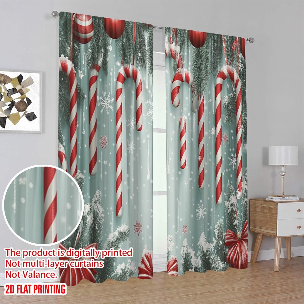 2pcs,2D Plane Printing Curtains Digital Printed Christmas Candy Cane Ornaments Snow (4) Versatile Polyester Fabric (without Rod)