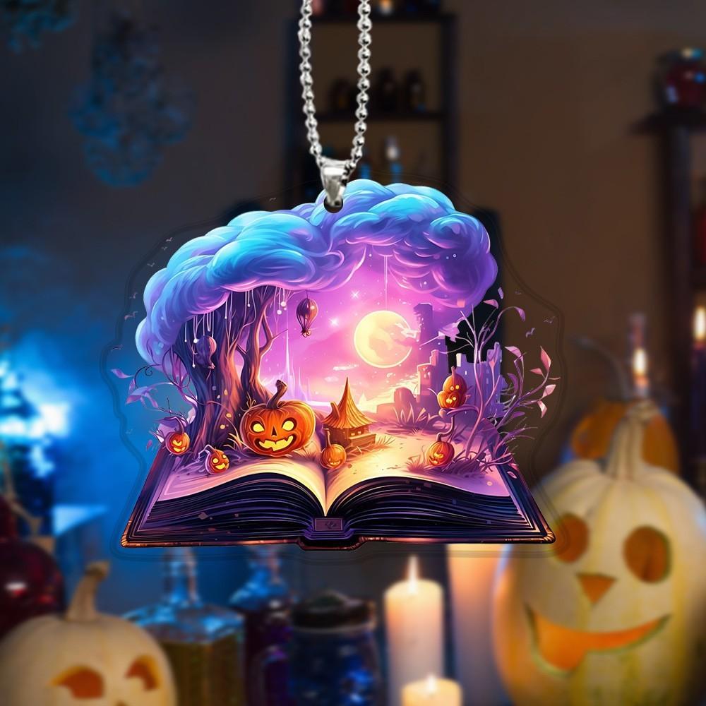 Magic Halloween Themed Book Pumpkin Pattern Acrylic Pendant For Holiday Decor