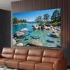 One backdrop, depicting the mountain and lake landscape, showcasing the vivid green forest reflection