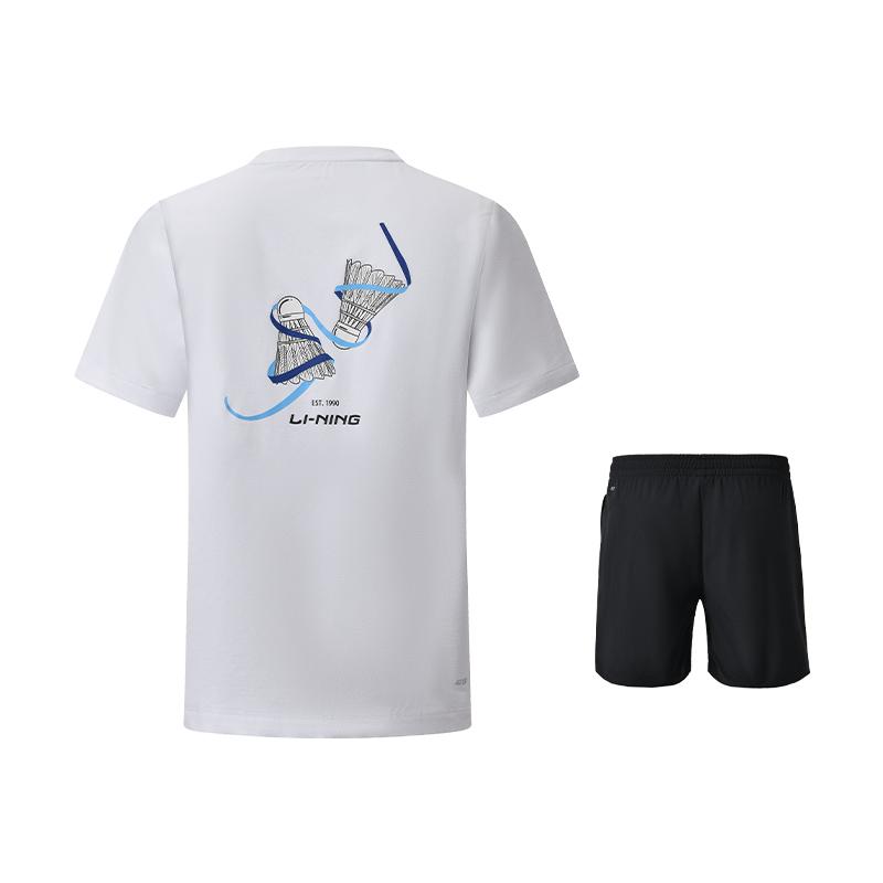 Li-Ning Creative Print Comfortable Loose Fit Short Sleeve Round Neck Quick Dry Shorts Sports Suit Unisex Sports Suit ATSU919-2+AKSU789-3