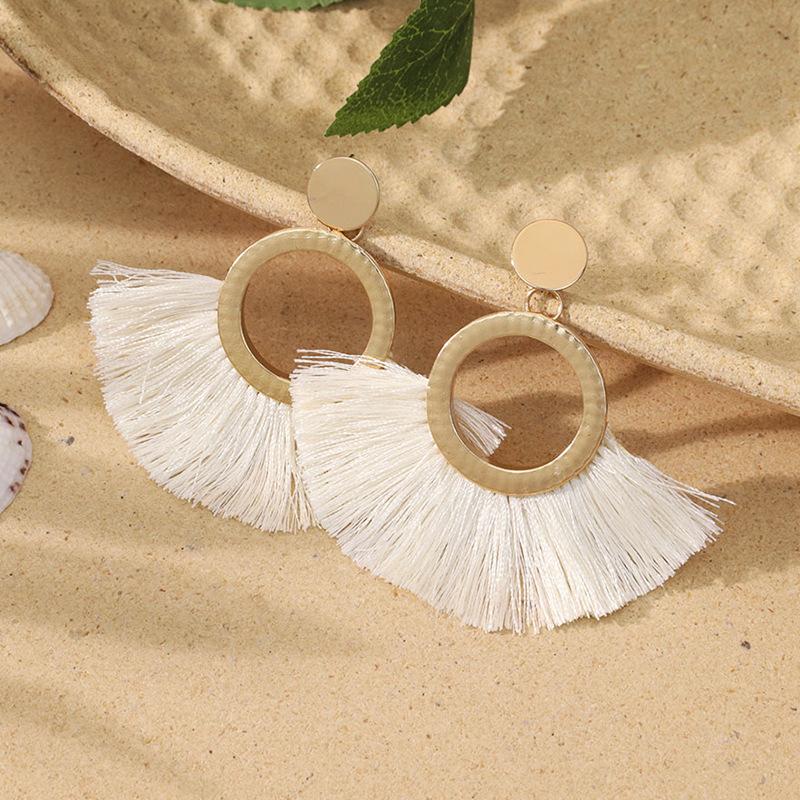 Bohemian vacation wind fringed earrings ins niche design sense stainless steel earrings exaggerated circle earrings tide