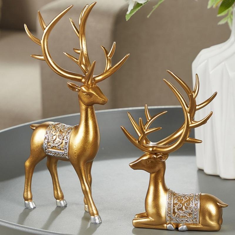 2pcs/Set Deer Statue, Golden Deer Christmas Decor, Elk Resin Reindeer Lucky Deer Sculptures For Work Desk Decor