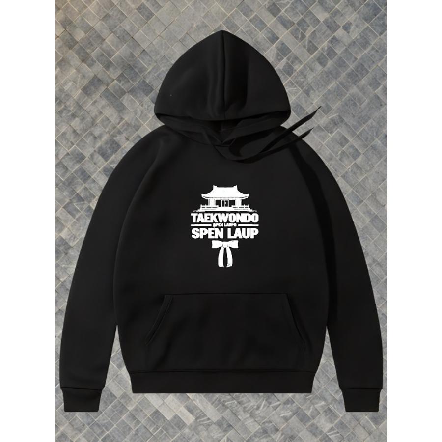 Men s Trendy Graphic Print Polyester Hoodie Fleece Lined Elastic Cuff Windproof Fall Winter XXL чёрный