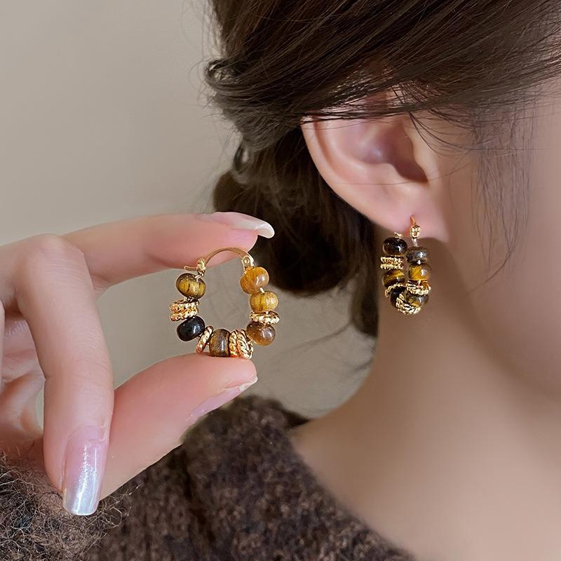 Real Gold Electroplated Maillard Artificial Tiger's Eye Stone Ear Buckle Retro Fashion High-end Earrings Light Luxury Temperament Earrings