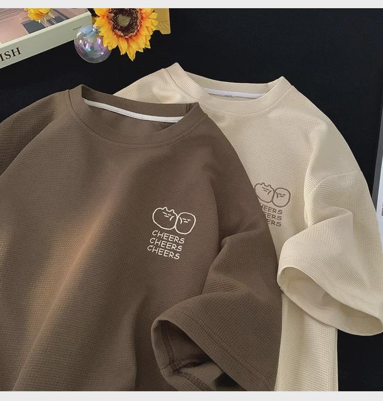 Men's Summer Waffle Knit Ice Silk Short-Sleeve Embroidered T-Shirt - Korean Fashion, Loose Fit, American Heavyweight.