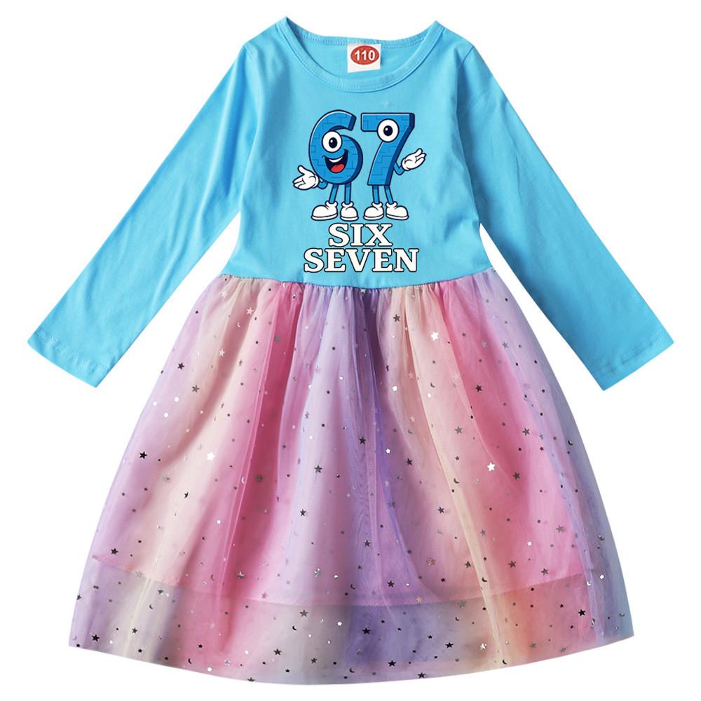 

9194 Детское Платье для Девочек украсть мозговую гниль 67 Шесть Семь Принт Длинный Рукав Хлопок Повседневное Блестки Радужное Платье 140cm светло-синий
