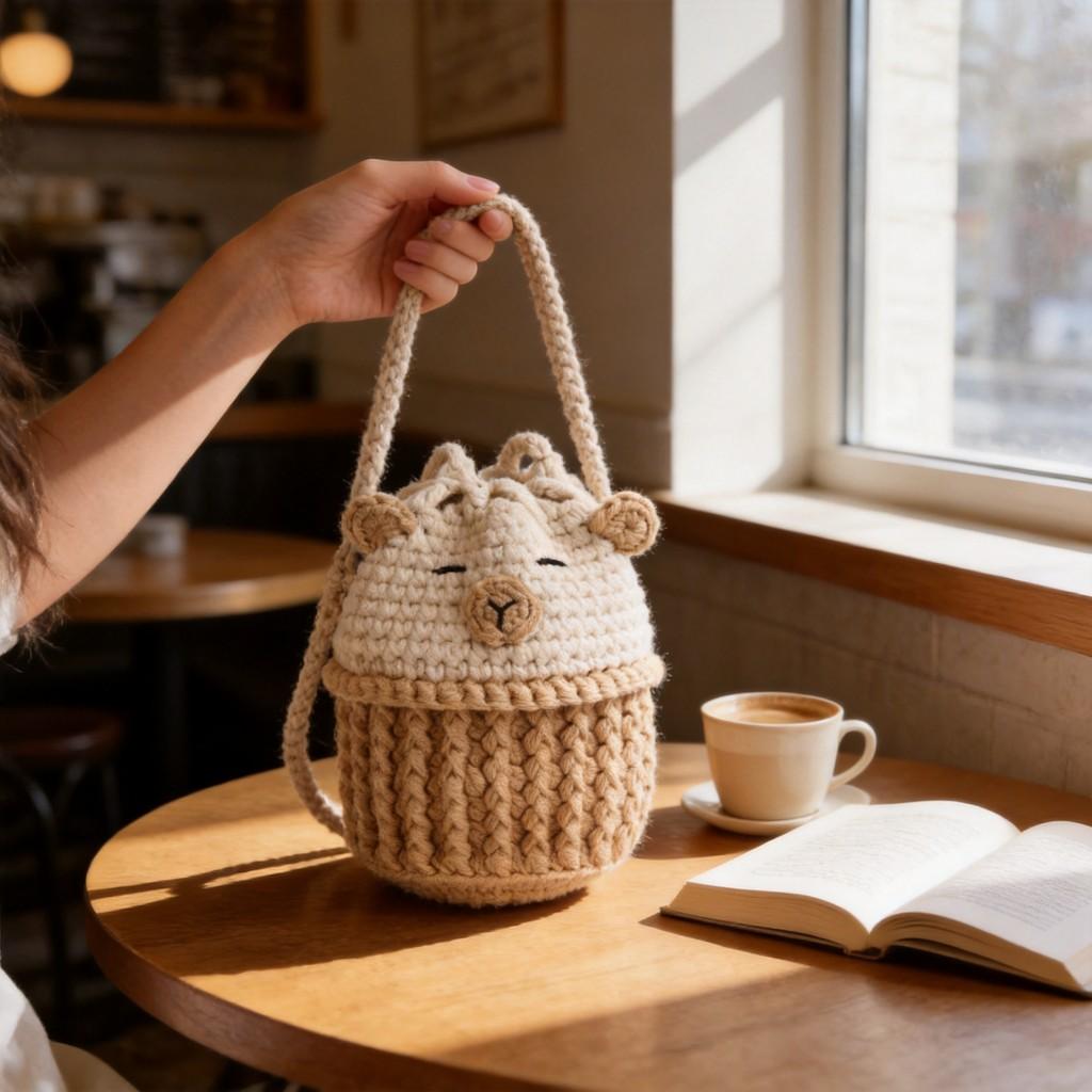Knit Capybara Mini Handbag With Open Top And Card Pocket For Casual Daily Use