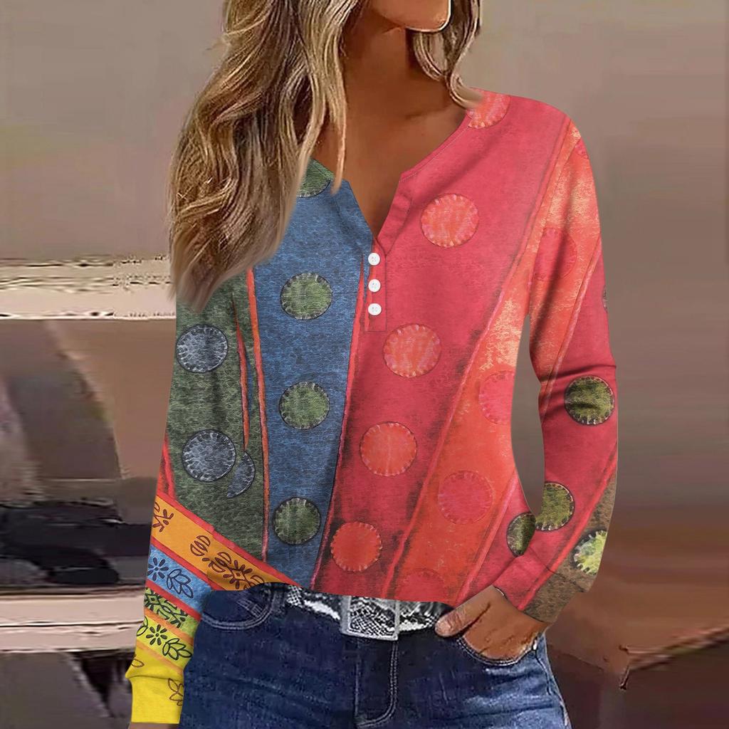 Women's T Shirt Tee Button Long Sleeve Daily Weekend Fashion Basic V- Neck Regular Top