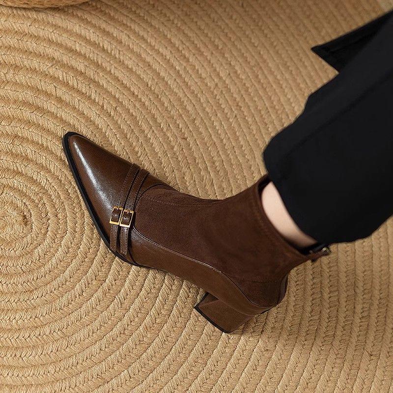 

French Retro Suede Patchwork Ankle Boots: 2025 Skinny High Heel with Pointed Toe and Back Zipper for Autumn/Winter Size 40
