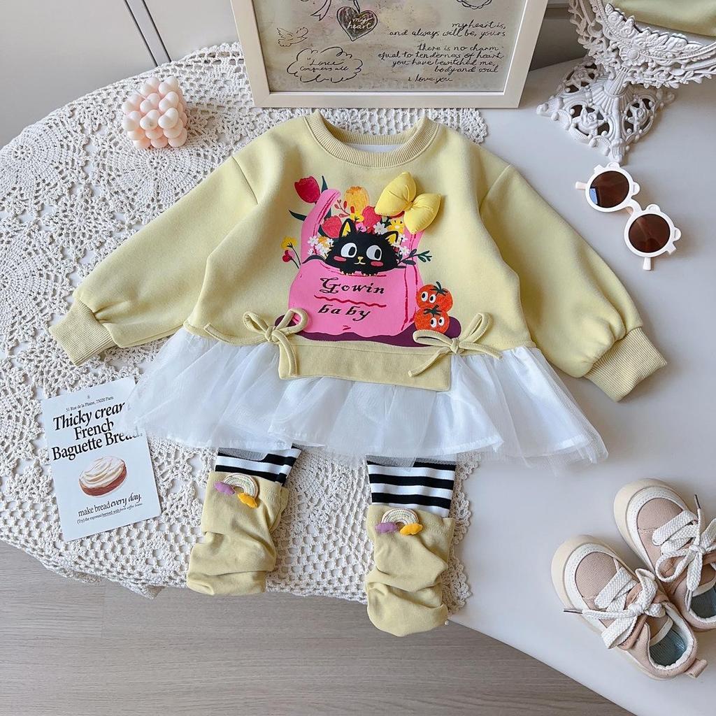 Baby Girls' Cartoon Sweatshirt & Striped Leggings Set - Autumn/Spring