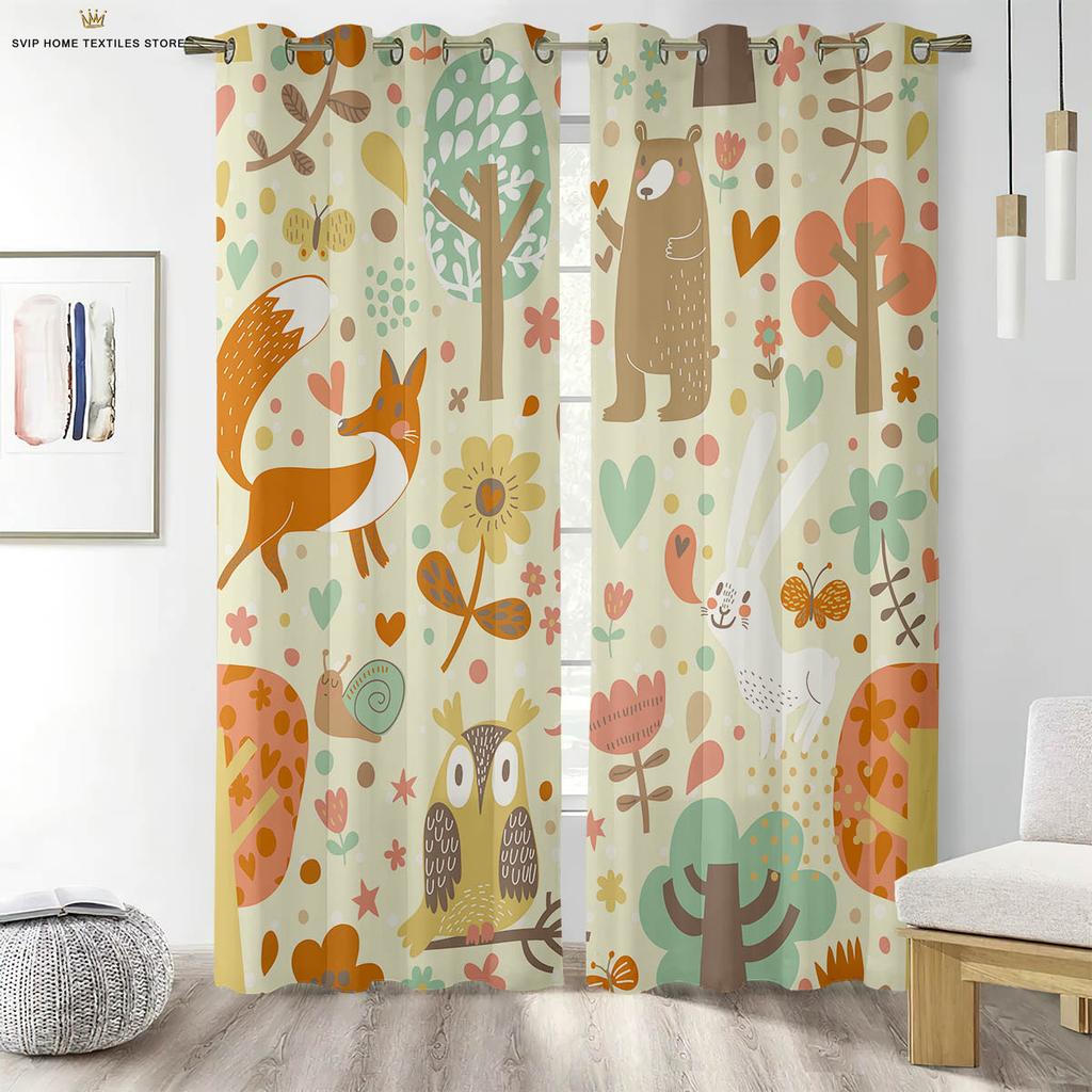 Cartoon Animal Forest Print Curtains For Children's Room Living Room Study Kitchen Decorative Curtains Easy To Wash And Care