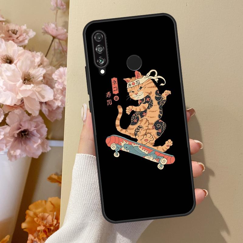 Ukiyo-e Kot Samuraj Neko Ramen Etui Dla Huawei P40 Lite P20 P50 P30 Pro P Smart Z 2019 Nova 5T Pokrowiec Dla Honor 50 Etui