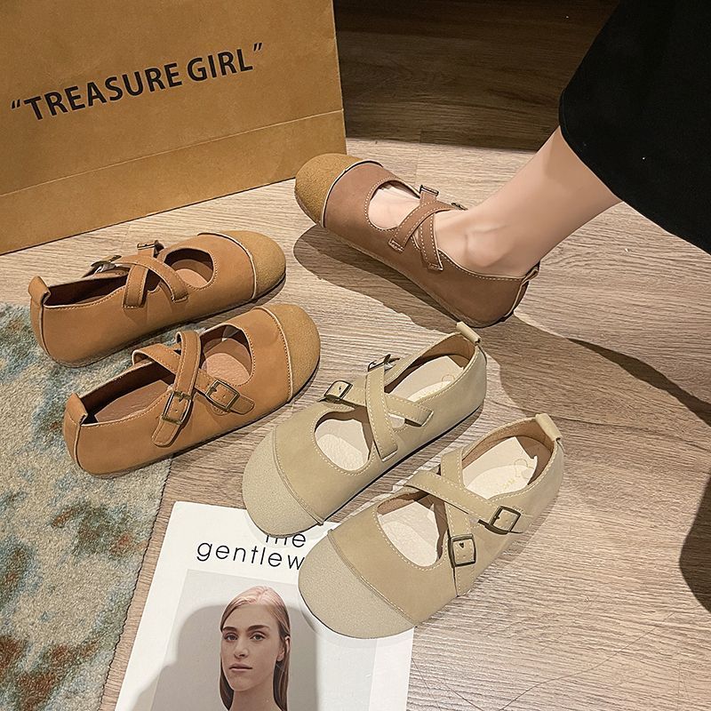 Ballet shoes retro cross-strap single shoes women's flat-soled small leather shoes grandma shoes spring new Mary Jane women's shoes