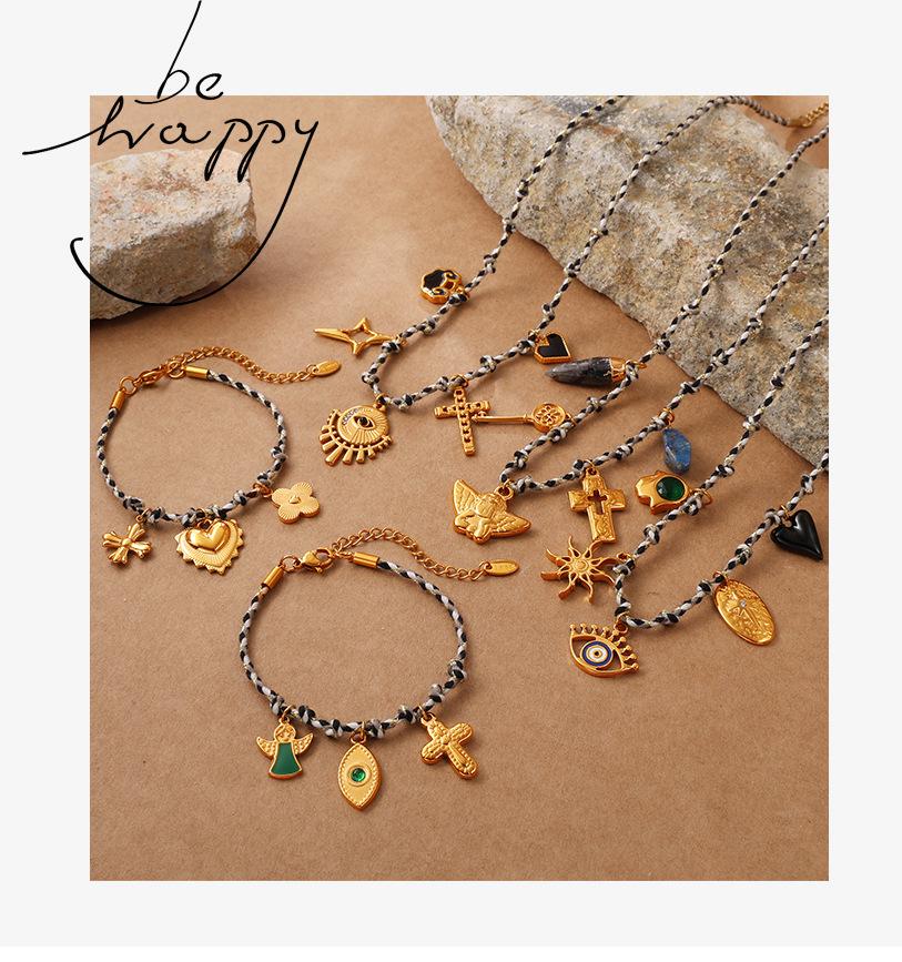 European-American Geometric Woven Rope Jewelry Set: Natural Stone Bracelet & Necklace
