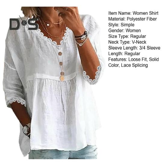 Dámská košile s výstřihem do V, 3/4 rukávy, volný střih, krajkové vsadky, jednobarevná, volný střih, prodyšná, ležérní košile