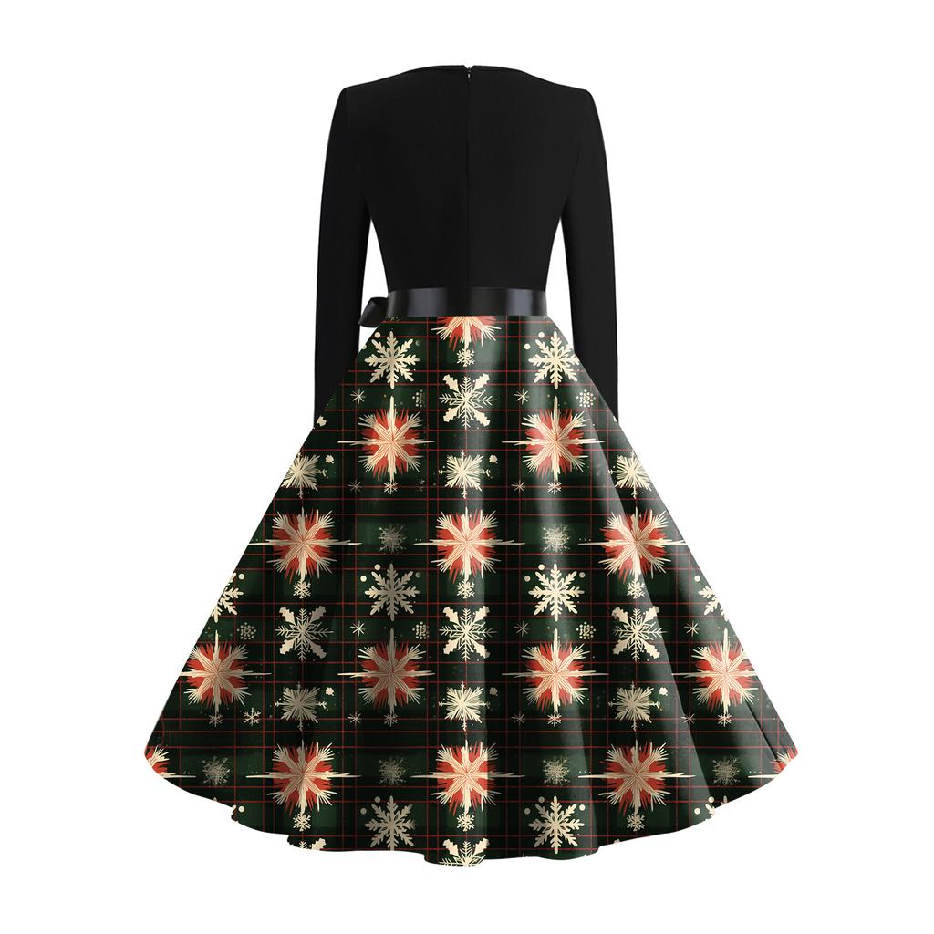 Damen Casual Mode V-Ausschnitt Langarm Retro Weihnachtsprint Retro Kleid