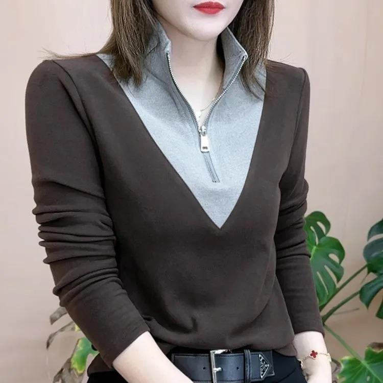 

Уникальный дизайн топ осень и зима новый немецкий бархат в цветной вставке воротник-стойка длинный рукав тонкий теплый базовый лонгслив женский 3XL темно-коричневого