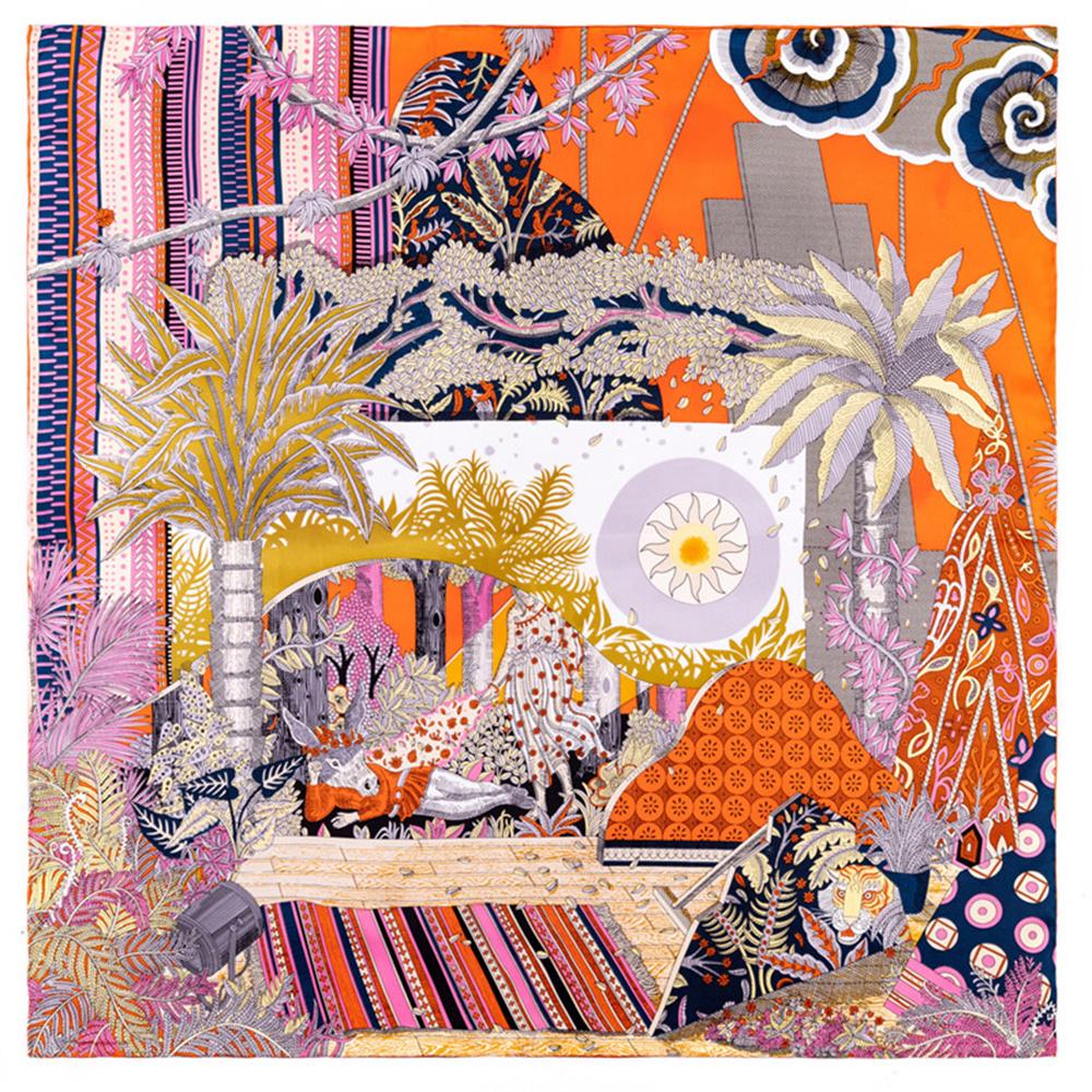 90Cm Women Scarf Summer Night Forest Twill Silk Scarf Handmade Curled Square Scarves Hijab Ladies Foulard Headband Bandana