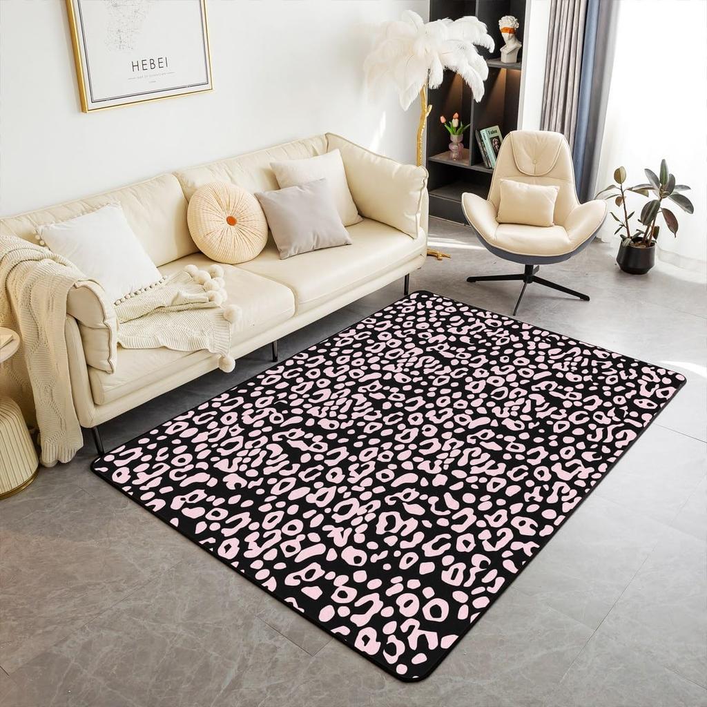 Kids Leopard Decor Carpet Area Rug Cute Pink Love Heart Living Room Rugs for Bedroom for Boys Girls Teens Modern Cheetah Indoor