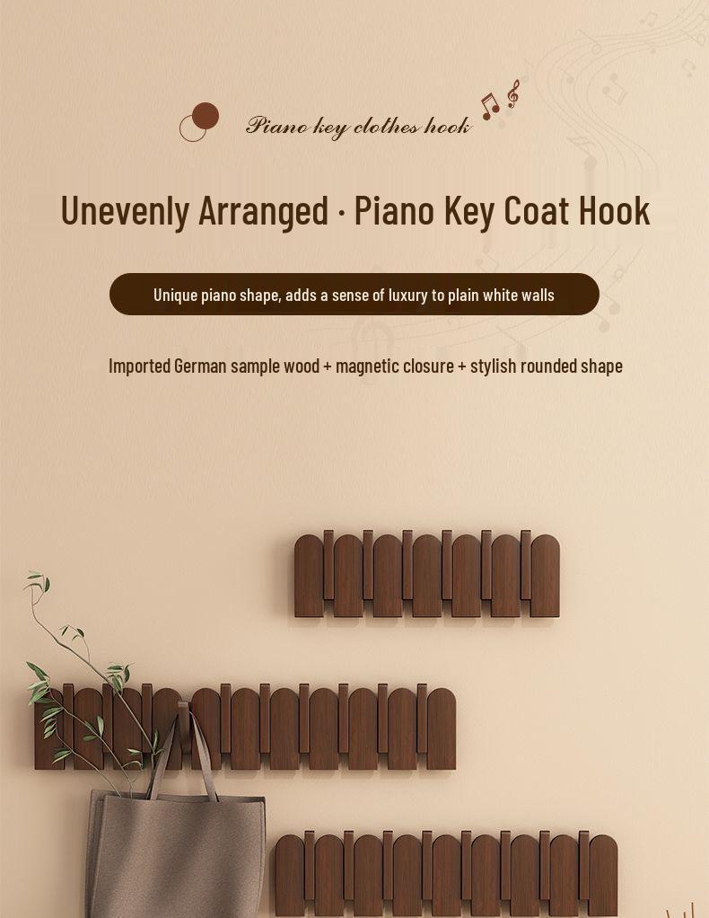 Piano Key Solid Wood Wall-Mounted No-Drill Coat and Hat Rack