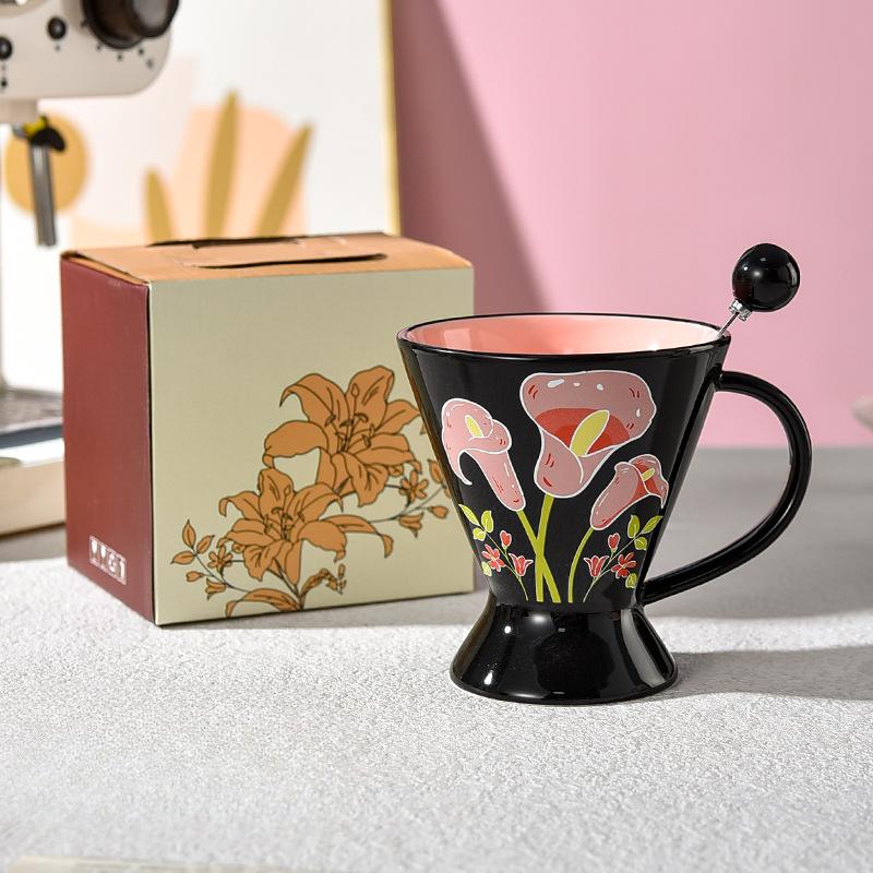 Good looking Embossed Coffee Cup with Spoon High End Exquisite Flower Mug Ceramic Design Niche Retro Features