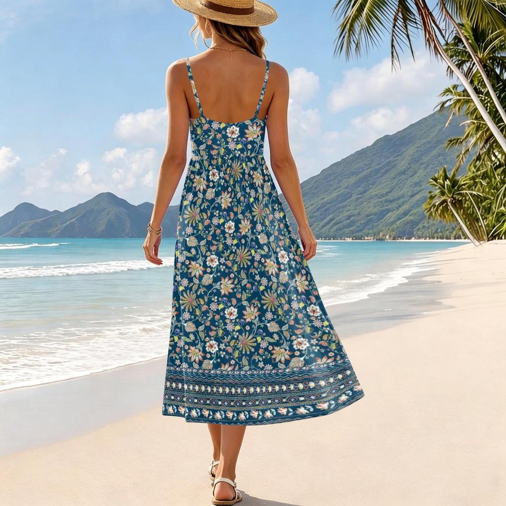 Women Summer Floral Print Adjustable Strap Pocket Bohemian Casual Beach Vacation Sundress Loose Fit Sleeveless Dress