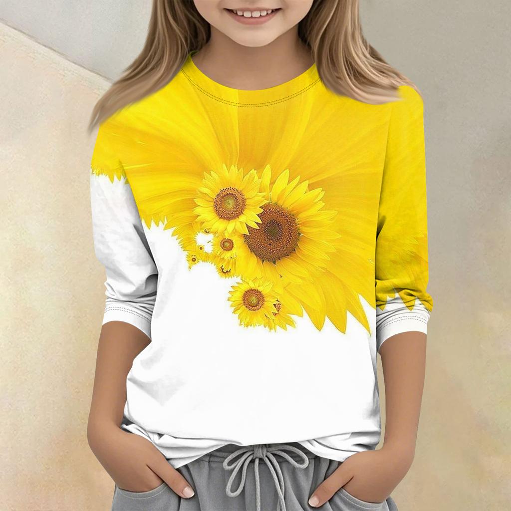 Kinder bedrucktes Rundhals Siebenviertelarm Freizeit T-Shirt