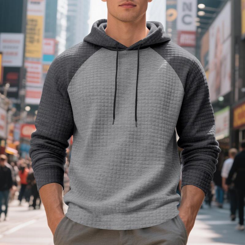 Autumn and Winter Hooded Men's Sweatshirt Jacquard Small Checkered Color Block Casual Raglan Sleeves Loose Top Men