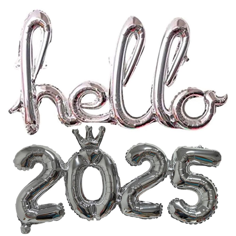 1set 16inch Connection Crown Hello 2025 Number Foil Balloons For New Years Eve Party Supplies Anniversary Party Graduation Decor