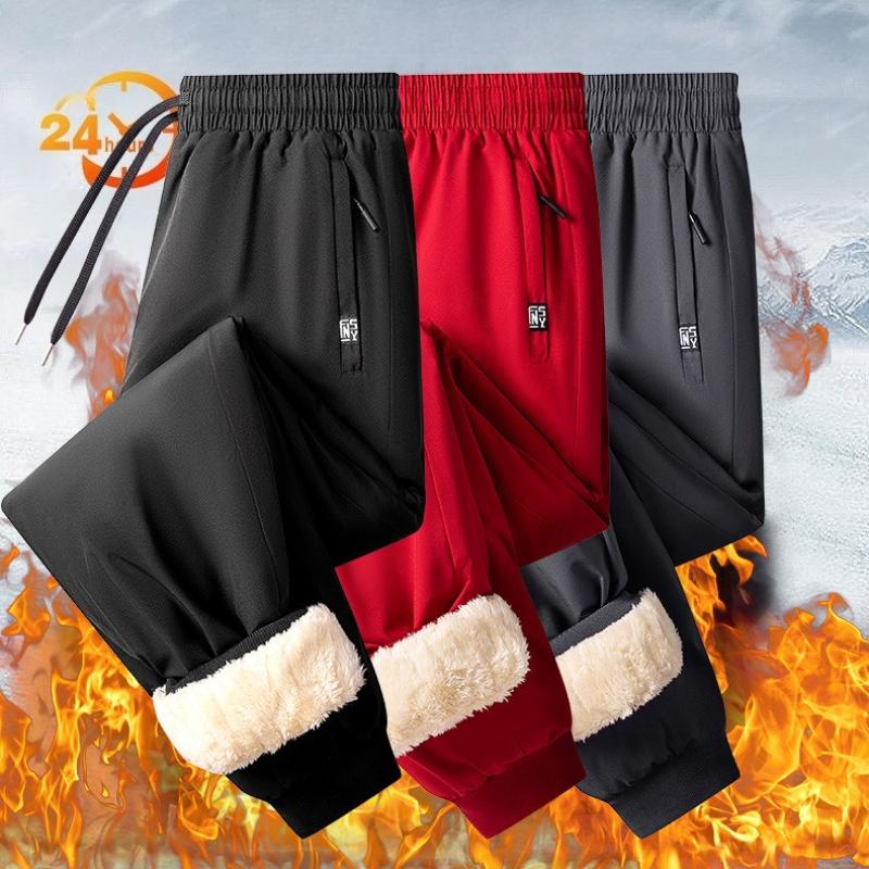 Winter Lambswool-Lined Trousers for Men Thickened Fleece-Lined, Cuffed Trousers Warm and Cold-Resistant Casual Sports Fleece Trousers
