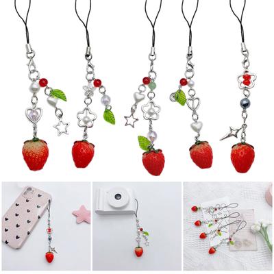 Sweet Strawberry Heart Star Charm Pendant Chain Phone Strap Pocket Keychain Strap Hangings Decoration for Key Bag Purse